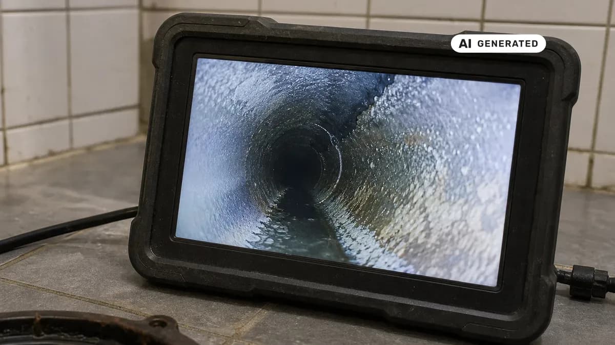 KI-generiertes Bild: Kamerabefahrung einer Abwasserleitung mit sichtbarem Rohrversatz und Ablagerungen an der Rohrinnenwand