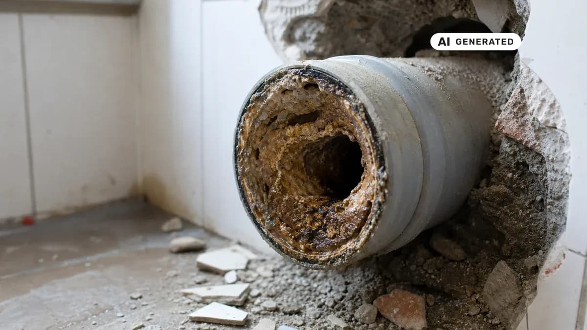 KI-generiertes Bild: Aufgestemmte Badwand mit freigelegtem Abflussrohr, deutlich sichtbare Ablagerungen im Rohrquerschnitt
