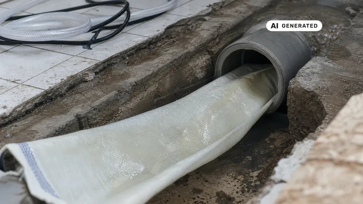 KI-generiertes Bild: Kanaltechniker zieht einen Schlauchliner in ein freigelegtes Abwasserrohr ein, grabenlose Sanierung ohne Ausbau