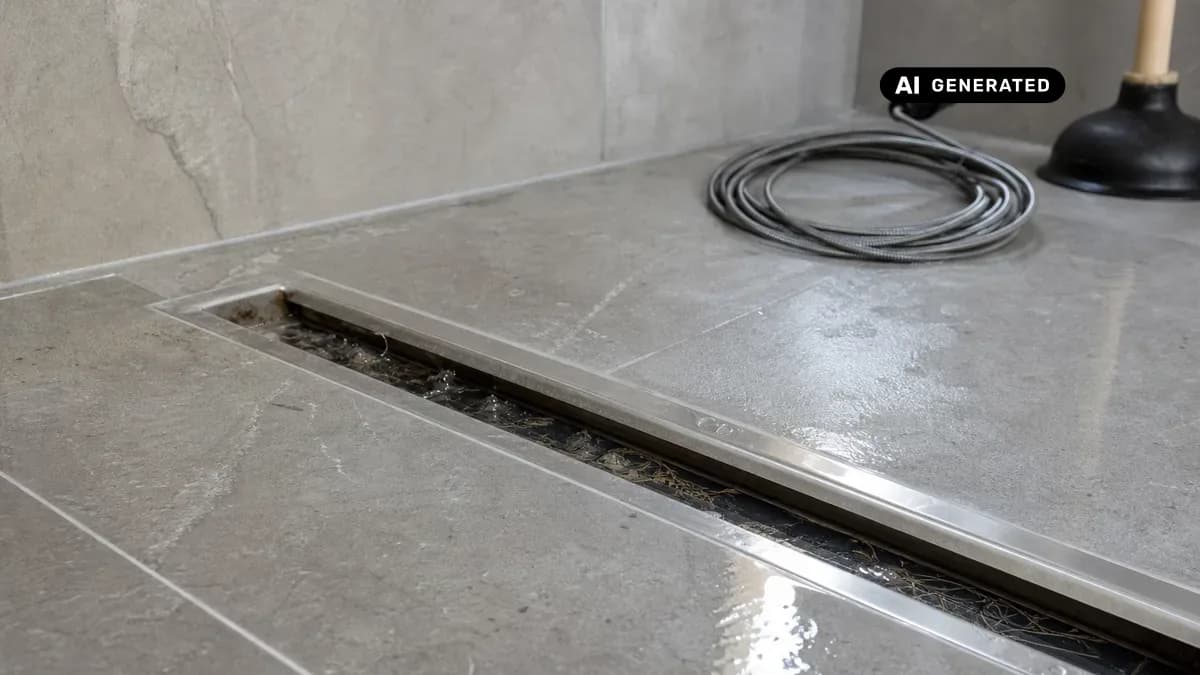 KI-generiertes Bild: Wasser staut sich in einer modernen bodengleichen Dusche mit Edelstahl-Ablaufrinne, im Hintergrund liegt Reinigungswerkzeug