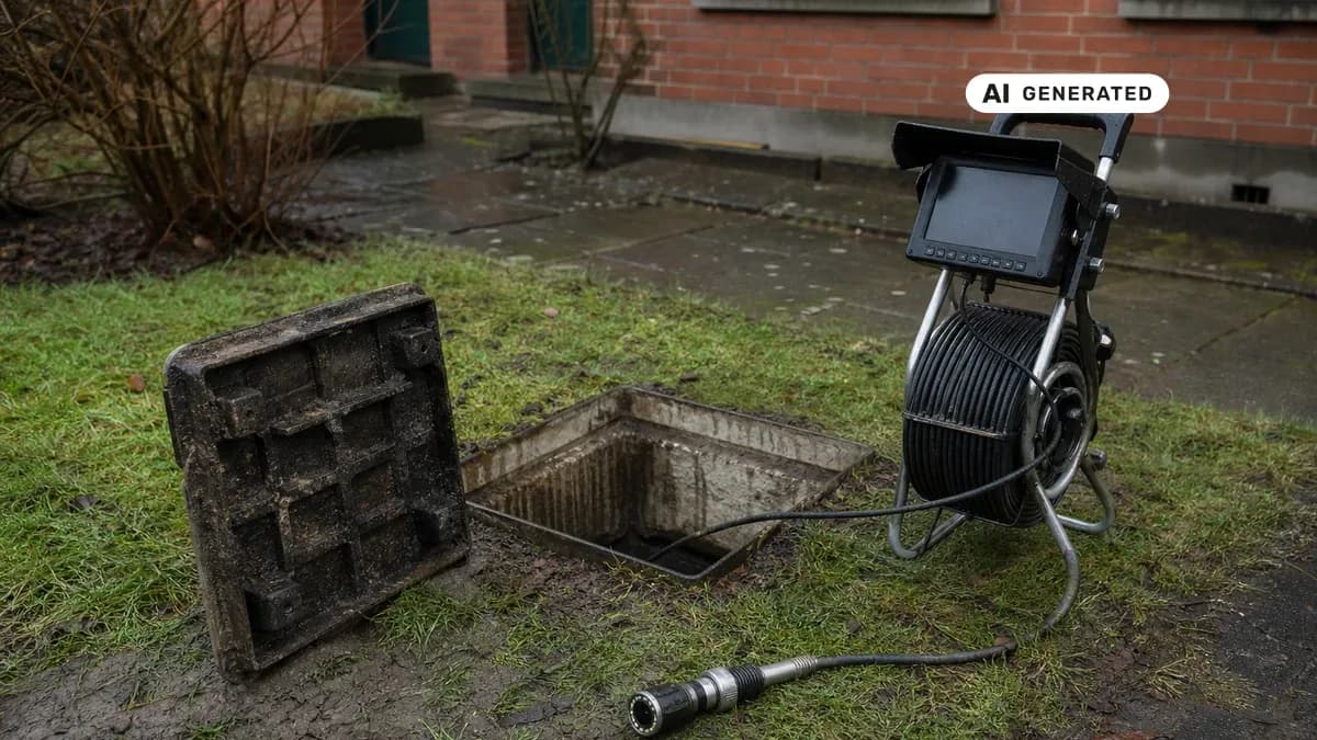KI-generiertes Bild: Offener Revisionsschacht im Vorgarten eines Bremer Wohnhauses aus Backstein, daneben eine Kanal-TV-Kamera mit Kabeltrommel und Monitor