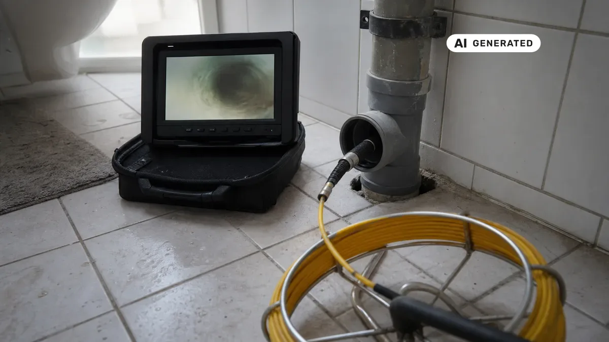 KI-generiertes Bild: Techniker schiebt eine lenkbare Kanalkamera in eine Abwasserleitung, auf dem Monitor ist das Rohrinnere zu sehen
