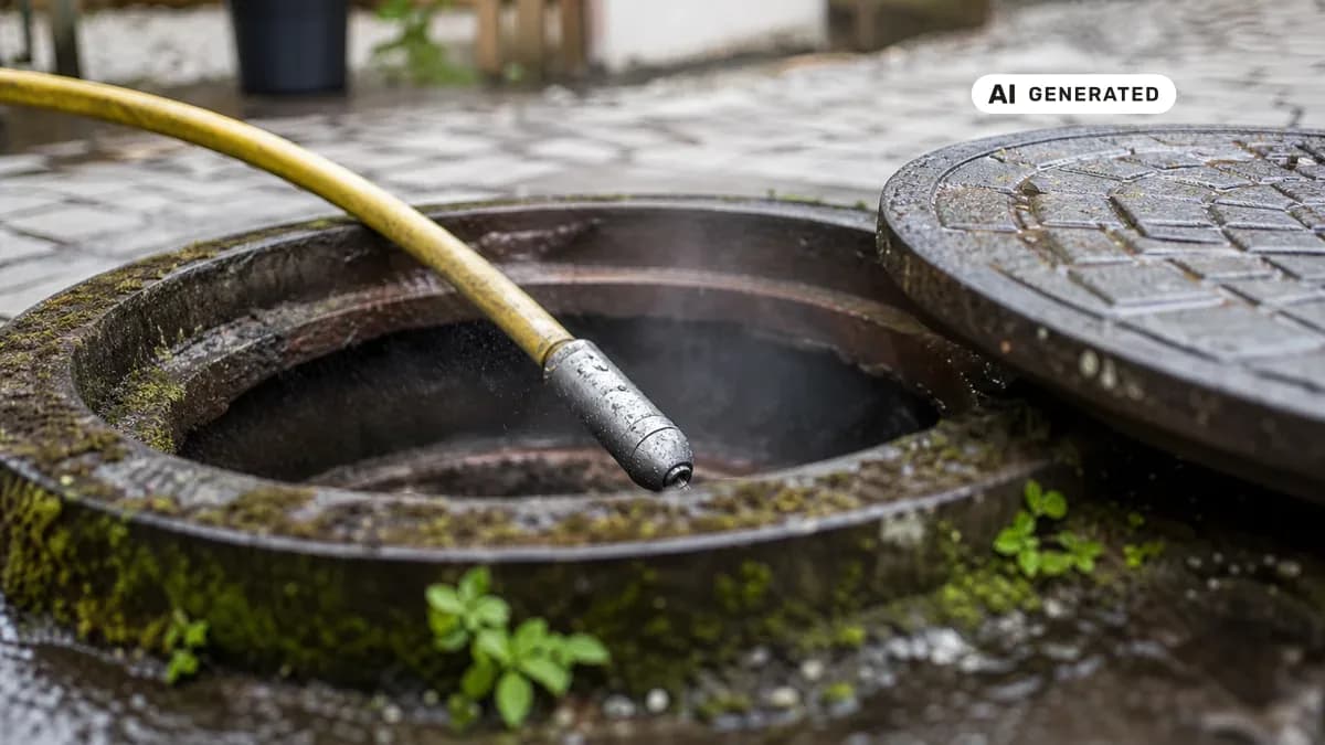 KI-generiertes Bild: Hochdruckspülung eines Abwasserkanals: Spülschlauch mit Düse wird in einen offenen Revisionsschacht eingeführt