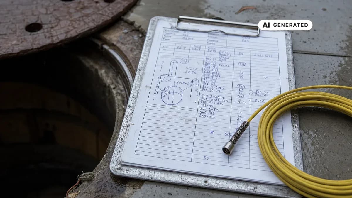 KI-generiertes Bild: Fachmann liest ein Kanalinspektionsprotokoll mit Schadensklassen und Abkürzungen auf einem Klemmbrett neben einem offenen Kanalschacht