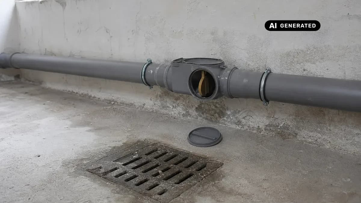 KI-generiertes Bild: An der Kellerwand verlaufende, waagerechte Abwasserleitung aus Kunststoff mit eingebautem Rückstauverschluss und abgenommenem Wartungsdeckel, befestigt mit Rohrschellen, im Kellerboden daneben ein Bodenablauf