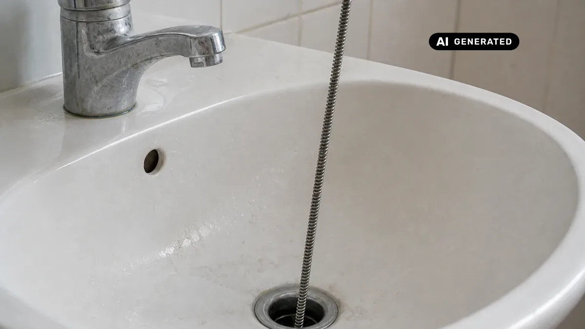 KI-generiertes Bild: Person reinigt einen Waschbecken-Siphon von oben mit einer Rohrreinigungsspirale, ohne das Rohr abzubauen