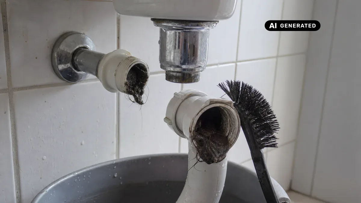 KI-generiertes Bild: Geöffneter Kunststoffsiphon unter einem Waschbecken wird mit einer Bürste von Fett- und Haarablagerungen befreit, Eimer steht darunter