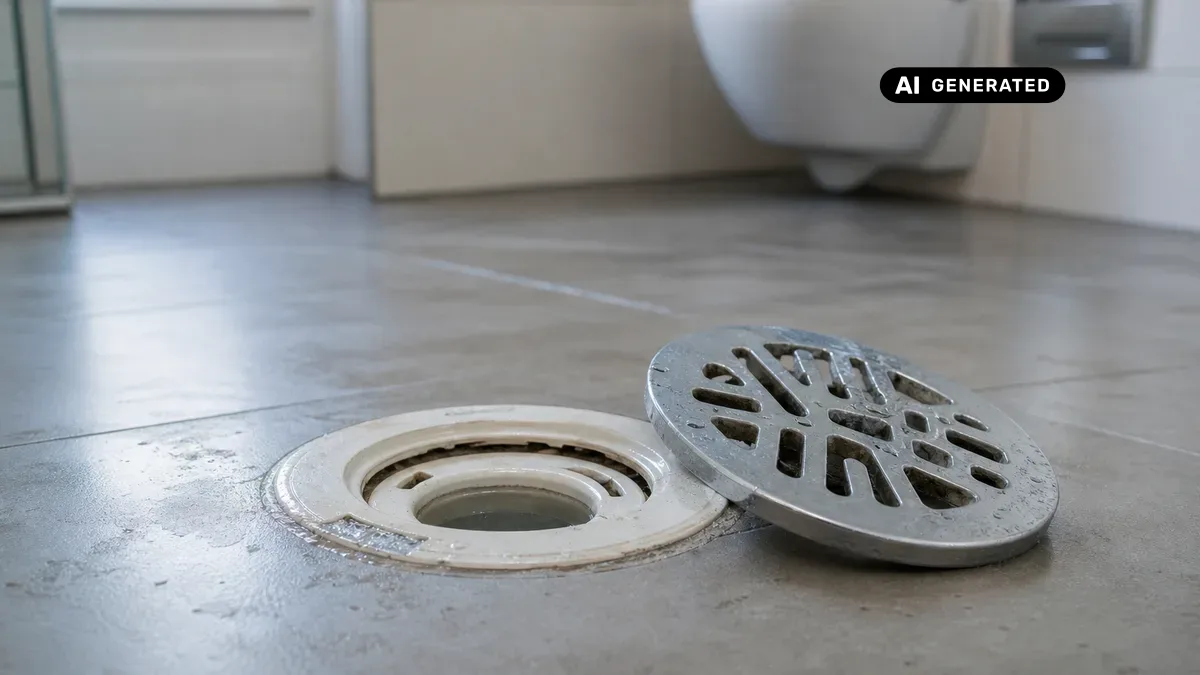 KI-generiertes Bild: Modernes Badezimmer mit WC, im Vordergrund eine Hand, die den Geruchsverschluss am Bodenablauf prüft