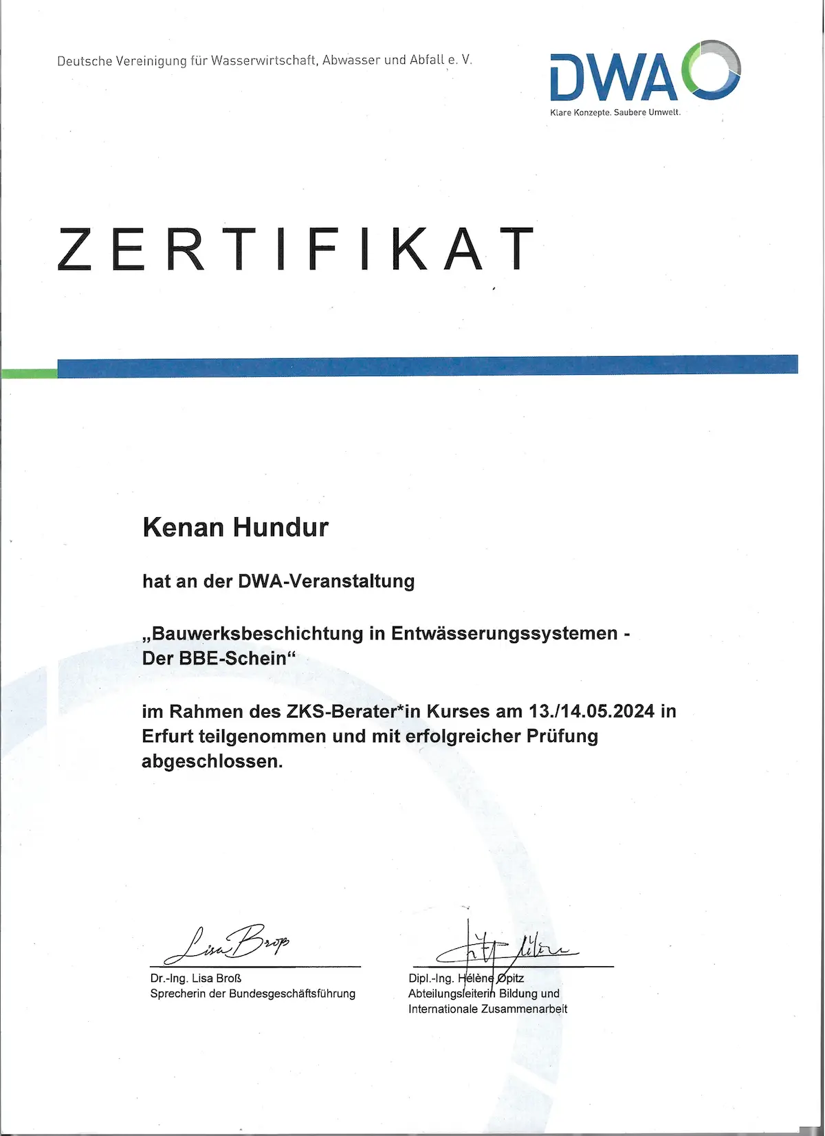 Zertifikat der Kenan Hundur & Suzana Schopper HSB