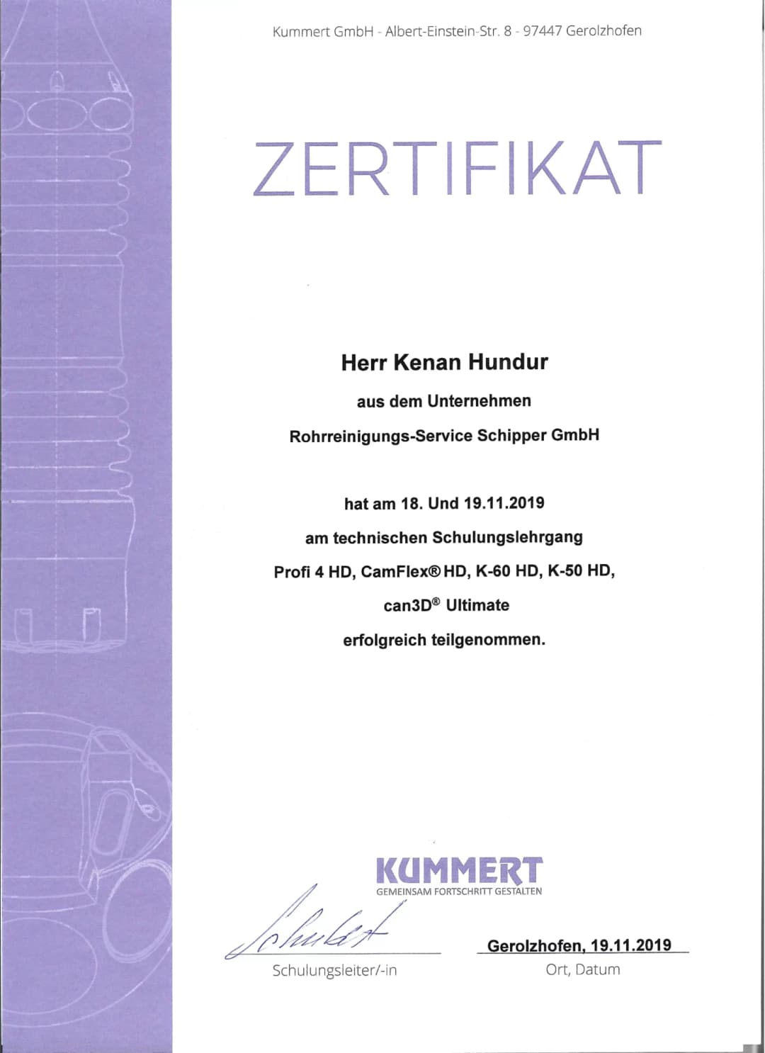 Zertifikat der Kenan Hundur & Suzana Schopper HSB